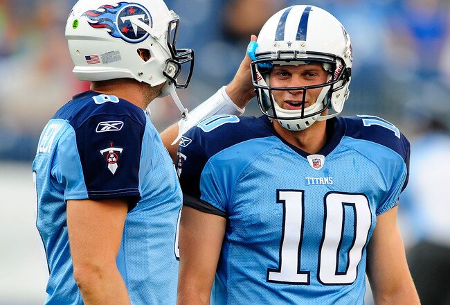 NASHVILLE, TN - AUGUST 13:  Matt Hasslbeck #8 of the Tennessee Titans offers encouragement to teammate Jake Locker #10 before a preseason game against the Minnesota Vikings at LP Field on August 13, 2011 in Nashville, Tennessee.  (Photo by Grant Halverson/Getty Images)