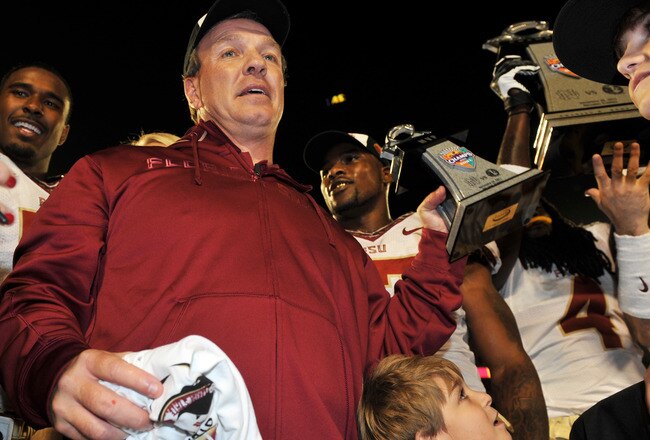 ORLANDO, FL - DECEMBER 29: Coach Jimbo Fisher of the Florida State Seminoles celebrates after a victory against the Notre Dame Fight Irish  in the 2011 Champs Sports Bowl December 29, 2011 at the Florida Citrus Bowl in Orlando, Florida.  FSU won 18 - 14. (Photo by Al Messerschmidt/Getty Images)