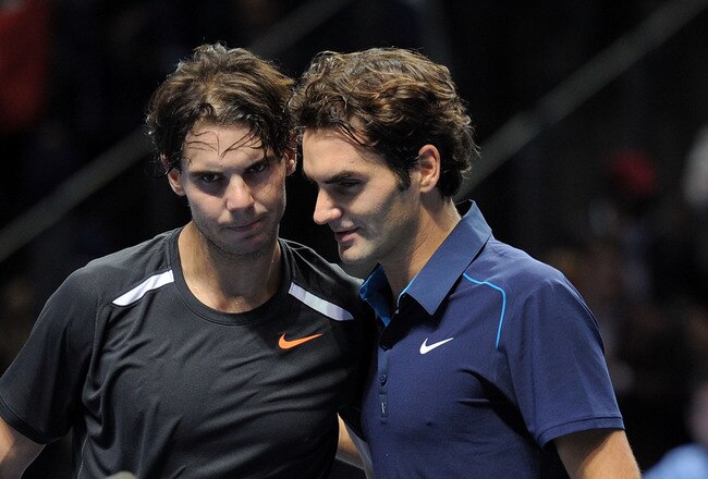 LONDON, ENGLAND - NOVEMBER 22:  Rafael Nadal of Spain greets Roger Federer of Switzerland after the men's singles match during the Barclays ATP World Tour Finals at the O2 Arena on November 22, 2011 in London, England. Federar won 6-3 6-0.  (Photo by Michael Regan/Getty Images for Barclays ATP Finals)