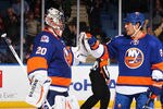 UNIONDALE, NY - JANUARY 10:  Evgeni Nabokov #20 of the New York Islanders celebrates with teammate Steve Staios #24 after a 5-1 win during their game against the Detroit Red Wings  Coliseum in Uniondale, New York.  (Photo by Al Bello/Getty Images)