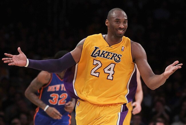 LOS ANGELES, CA - DECEMBER 29:  Kobe Bryant #24 of the Los Angeles Lakers gestures after making a basket and being fouled in the second half against the New York Knicks at Staples Center on December 29, 2011 in Los Angeles, California. NOTE TO USER: User expressly acknowledges and agrees that, by downloading and or using this photograph, User is consenting to the terms and conditions of the Getty Images License Agreement.  (Photo by Jeff Gross/Getty Images)