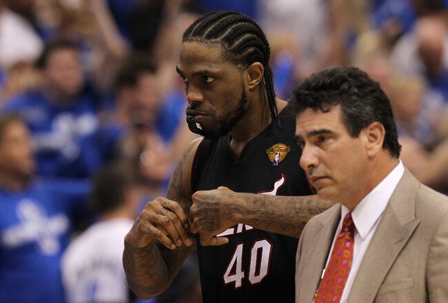 DALLAS, TX - JUNE 09:  Udonis Haslem #40 of the Miami Heat walks off of the court after the Dallas Mavericks won 112-103 in Game Five of the 2011 NBA Finals at American Airlines Center on June 9, 2011 in Dallas, Texas.  NOTE TO USER: User expressly acknowledges and agrees that, by downloading and/or using this Photograph, user is consenting to the terms and conditions of the Getty Images License Agreement.  (Photo by Ronald Martinez/Getty Images)