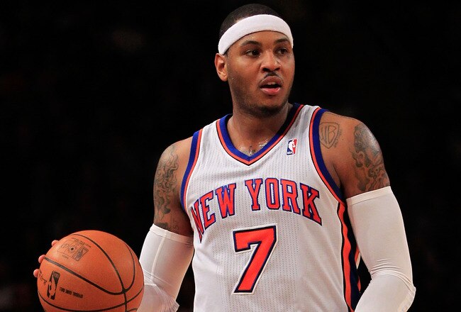 NEW YORK, NY - JANUARY 09: Carmelo Anthony #7 of the New York Knicks dribbles against the Charlotte Bobcats at Madison Square Garden on January 9, 2012 in New York City. NOTE TO USER: User expressly acknowledges and agrees that, by downloading and or using this photograph, User is consenting to the terms and conditions of the Getty Images License Agreement.  (Photo by Chris Trotman/Getty Images)
