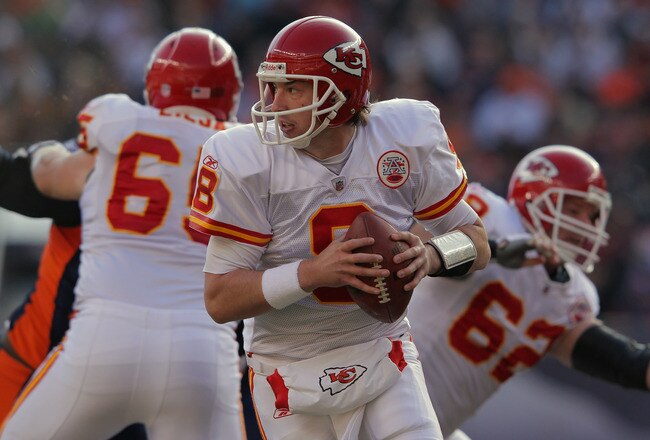 DENVER, CO - JANUARY 01:  Quarterback Kyle Orton #8 of the Kansas City Chiefs rolls out against the Denver Broncos at Sports Authority Field at Mile High on January 1, 2012 in Denver, Colorado.  (Photo by Doug Pensinger/Getty Images)
