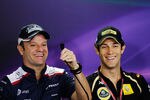 SAO PAULO, BRAZIL - NOVEMBER 24:  Bruno Senna (R) of Renault and Brazil and Rubens Barrichello (L) of Williams share a joke during the drivers press conference during previews to the Brazilian Formula One Grand Prix at the Autodromo Jose Carlos Pace on November 24, 2011 in Sao Paulo, Brazil.  (Photo by Paul Gilham/Getty Images)