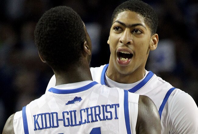 LEXINGTON, KY - JANUARY 03:  Anthony Davis #23 of the Kentucky Wildcats celebrates with Michael Kidd-Gilchrist #14 during the game against the Arkansas-Little Rock Trojans at Freedom Hall on January 3, 2012 in Louisville , Kentucky.  (Photo by Andy Lyons/Getty Images)