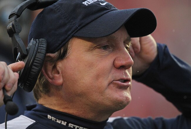 MADISON, WI - NOVEMBER 26:  Head coach Tom Bradley of the Penn State Nittany Lions talks to a referee as his team takes on the Wisconsin Badgers at Camp Randall Stadium on November 26, 2011 in Madison, Wisconsin.  Wisconsin defeated Penn State 45-7. (Photo by Jonathan Daniel/Getty Images)