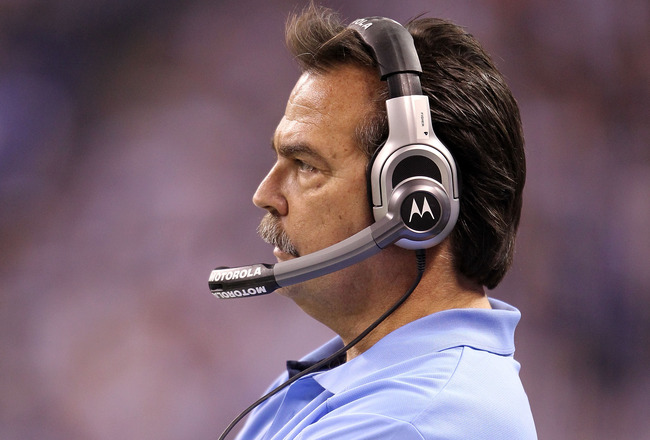 INDIANAPOLIS - JANUARY 02:  Jeff Fisher the Head Coach of the Tennessee Titans watches play during NFL game against the Indianapolis Colts at Lucas Oil Stadium on January 2, 2011 in Indianapolis, Indiana.  (Photo by Andy Lyons/Getty Images)