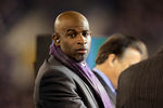 BALTIMORE, MD - NOVEMBER 24:  NFL Network analyst Deion Sanders looks on from the set before the start of the San Francisco 49ers and Baltimore Ravens game at M&T Bank Stadium on November 24, 2011 in Baltimore, Maryland.  (Photo by Rob Carr/Getty Images)