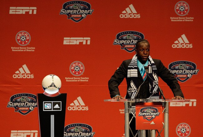 KANSAS CITY, MO - JANUARY 12:  Number two pick Darren Mattocks, selected by the Vancouver Whitecaps FC, talks to the media during the first round of the 2012 MLS SuperDraft presented by Adidas on January 12, 2012 at Kansas City Convention Center in Kansas City, Missouri.  (Photo by Jamie Squire/Getty Images)