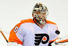 RALEIGH, NC - JANUARY 10:  Goalkeeper Sergei Bobrovsky #35 of the Philadelphia Flyers bobbles the puck as he makes a save against the Carolina Hurricanes during play at the RBC Center on January 10, 2012 in Raleigh, North Carolina. The Flyers won 2-1.  (Photo by Grant Halverson/Getty Images)