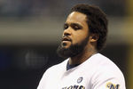 MILWAUKEE, WI - OCTOBER 16:  Prince Fielder #28 of the Milwaukee Brewers reacts after he flied out for the third out in the bottom of the third inning against the St. Louis Cardinals during Game Six of the National League Championship Series at Miller Park on October 16, 2011 in Milwaukee, Wisconsin.  (Photo by Jonathan Daniel/Getty Images)