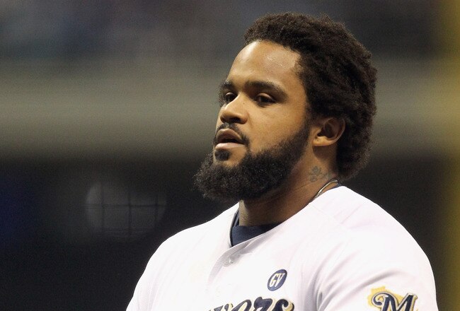 MILWAUKEE, WI - OCTOBER 16:  Prince Fielder #28 of the Milwaukee Brewers reacts after he flied out for the third out in the bottom of the third inning against the St. Louis Cardinals during Game Six of the National League Championship Series at Miller Park on October 16, 2011 in Milwaukee, Wisconsin.  (Photo by Jonathan Daniel/Getty Images)