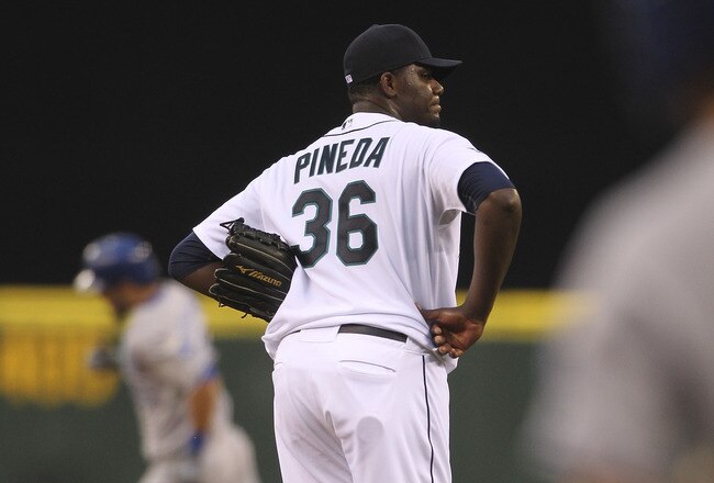 SEATTLE - SEPTEMBER 10:  Starting pitcher Michael Pineda #36 of the Seattle Mariners reacts after giving up a two-run homer in the first inning to Eric Hosmer #35 of the Kansas City Royals at Safeco Field on September 10, 2011 in Seattle, Washington. The Royals defeated the Mariners 4-2. (Photo by Otto Greule Jr/Getty Images)