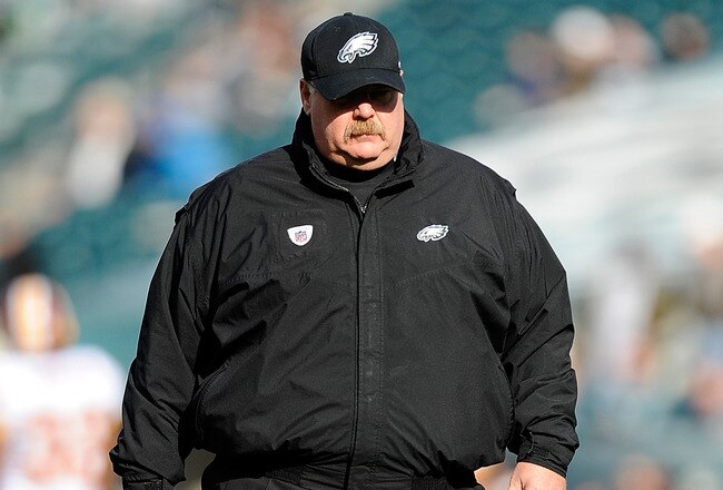 PHILADELPHIA, PA - JANUARY 01:  Head coach Andy Reid of the Philadelphia Eagles walks off the field after the Eagles warmed up before a  game against the Washington Redskins at Lincoln Financial Field on January 1, 2012 in Philadelphia, Pennsylvania.  (Photo by Patrick McDermott/Getty Images)