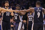 OKLAHOMA CITY, OK - MAY 15:  (L-R) Marc Gasol #33, Zach Randolph #50, O.J. Mayo #32 and Tony Allen #9 of the Memphis Grizzlies before play against the Oklahoma City Thunder in Game Seven of the Western Conference Semifinals in the 2011 NBA Playoffs on May 15, 2011 at Oklahoma City Arena in Oklahoma City, Oklahoma.  NOTE TO USER: User expressly acknowledges and agrees that, by downloading and or using this photograph, User is consenting to the terms and conditions of the Getty Images License Agreement.  (Photo by Ronald Martinez/Getty Images)