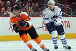 PHILADELPHIA, PA - SEPTEMBER 21:  Luke Schenn #2 of the Toronto Maple Leafs skates against his brother Brayden Schenn #10 of the Philadelphia Flyers at the Wells Fargo Center on September 21, 2011 in Philadelphia, Pennsylvania. The Maple Leafs defeated the Flyers 4-2.  (Photo by Bruce Bennett/Getty Images)