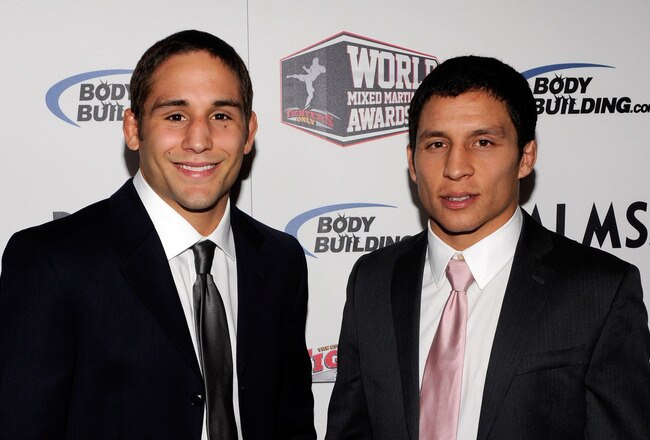 LAS VEGAS, NV - DECEMBER 01:  Mixed martial artists Chad Mendes (L) and Joseph Benavidez arrive at the third annual Fighters Only World Mixed Martial Arts Awards 2010 at the Palms Casino Resort December 1, 2010 in Las Vegas, Nevada.  (Photo by Ethan Miller/Getty Images)