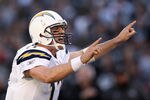 OAKLAND, CA - JANUARY 01:  Philip Rivers #17 of the San Diego Chargers yells out instructions at the line of scrimmage during their game against the Oakland Raiders at O.co Coliseum on January 1, 2012 in Oakland, California.  (Photo by Ezra Shaw/Getty Images)