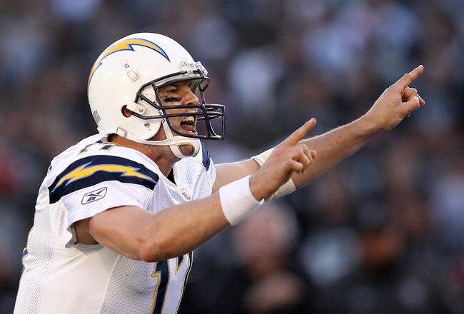 OAKLAND, CA - JANUARY 01:  Philip Rivers #17 of the San Diego Chargers yells out instructions at the line of scrimmage during their game against the Oakland Raiders at O.co Coliseum on January 1, 2012 in Oakland, California.  (Photo by Ezra Shaw/Getty Images)