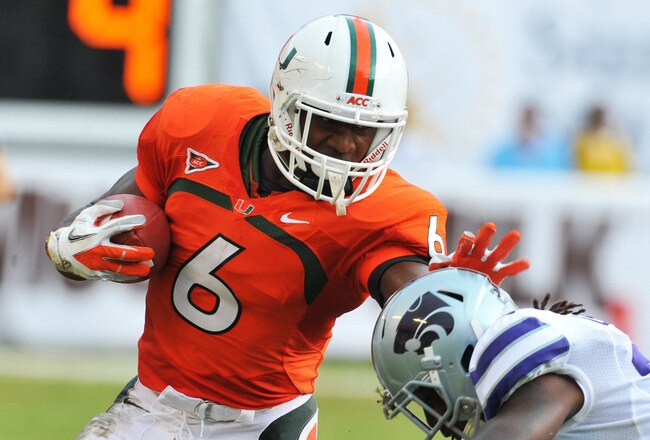 MIAMI GARDENS, FL - SEPTEMBER 24:  Running back Lamar Miller  #6 of the Miami Hurricanes rushes upfield against the Kansas State University Wildcats September 24, 2011 at Sun Life Stadium in Miami Gardens, Florida.  (Photo by Al Messerschmidt/Getty Images)