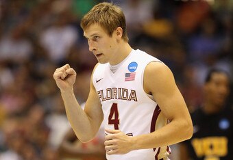 SAN ANTONIO, TX - MARCH 25:  Deividas Dulkys #4 of the Florida State Seminoles celebrates after a play against the Virginia Commonwealth Rams during the southwest regional of the 2011 NCAA men's basketball tournament at the Alamodome on March 25, 2011 in San Antonio, Texas.  (Photo by Jamie Squire/Getty Images)