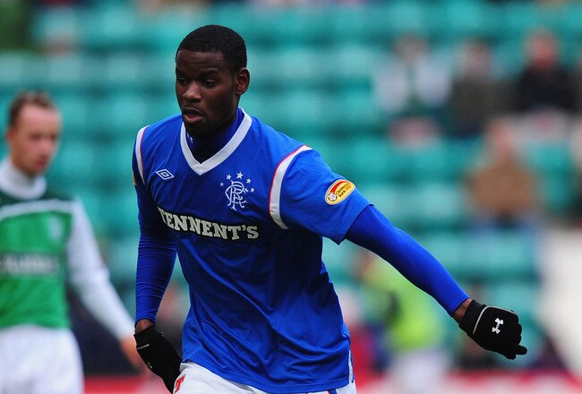 EDINBURGH, SCOTLAND - DECEMBER 10:  Rangers player Maurice Edu in action during the Clydesdale Bank Scottish Premier league game between Hibernian and Rangers at Easter Road on December 10, 2011 in Edinburgh, Scotland.  (Photo by Stu Forster/Getty Images)