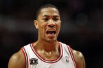 CHICAGO, IL - MAY 26:  Derrick Rose #1 of the Chicago Bulls reacts against the Miami Heat in Game Five of the Eastern Conference Finals during the 2011 NBA Playoffs on May 26, 2011 at the United Center in Chicago, Illinois. NOTE TO USER: User expressly acknowledges and agrees that, by downloading and or using this photograph, User is consenting to the terms and conditions of the Getty Images License Agreement.  (Photo by Jonathan Daniel/Getty Images)