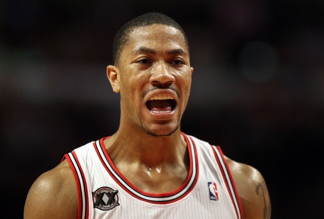 CHICAGO, IL - MAY 26:  Derrick Rose #1 of the Chicago Bulls reacts against the Miami Heat in Game Five of the Eastern Conference Finals during the 2011 NBA Playoffs on May 26, 2011 at the United Center in Chicago, Illinois. NOTE TO USER: User expressly acknowledges and agrees that, by downloading and or using this photograph, User is consenting to the terms and conditions of the Getty Images License Agreement.  (Photo by Jonathan Daniel/Getty Images)