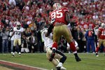 SAN FRANCISCO, CA - JANUARY 14:  Vernon Davis #85 of the San Francisco 49ers catches a 14 yard touchdown pass in the fourth quarter against the New Orleans Saints during the NFC Divisional playoff game at Candlestick Park on January 14, 2012 in San Francisco, California.  (Photo by Jed Jacobsohn/Getty Images)
