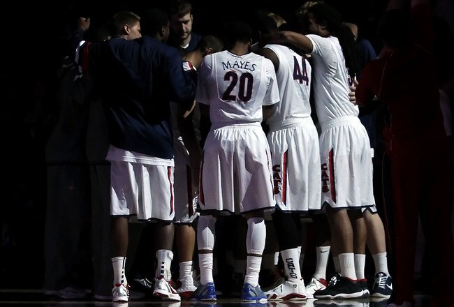 TUCSON, AZ - DECEMBER 10:  The Arizona Wildcats huddle up before the college basketball game against the Clemson Tigers at McKale Center on December 10, 2011 in Tucson, Arizona. The Wildcats defeated the Tigers 63-47.  (Photo by Christian Petersen/Getty Images)