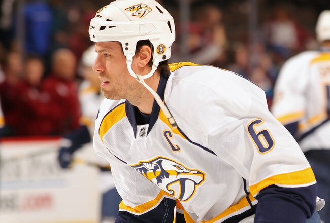 DENVER, CO - JANUARY 10:  Shea Weber #6 of the Nashville Predators warms up prior to facing the Colorado Avalanche at the Pepsi Center on January 10, 2012 in Denver, Colorado. The Predators defeated the Avalanche 4-1.  (Photo by Doug Pensinger/Getty Images)