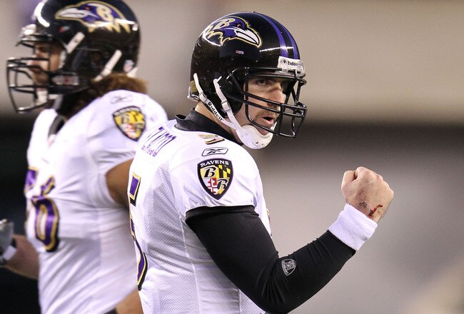 CINCINNATI, OH - JANUARY 01:  Joe Flacco #5 of the Baltimore Ravens celebrates after throwing a touchdown pass during the NFL game against  the Cincinnati Bengals at Paul Brown Stadium on January 1, 2012 in Cincinnati, Ohio.  (Photo by Andy Lyons/Getty Images)