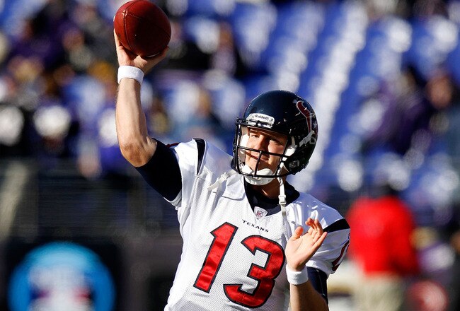 BALTIMORE, MD - JANUARY 15:  Quarterback T.J. Yates #13 of the Houston Texans warms up prior to the start of the the AFC Divisional playoff game against the Baltimore Ravens at M&T Bank Stadium on January 15, 2012 in Baltimore, Maryland.  (Photo by Rob Carr/Getty Images)