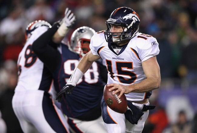 FOXBORO, MA - JANUARY 14:  Tim Tebow #15 of the Denver Broncos looks to pass against the New England Patriots during their AFC Divisional Playoff Game at Gillette Stadium on January 14, 2012 in Foxboro, Massachusetts.  (Photo by Elsa/Getty Images)