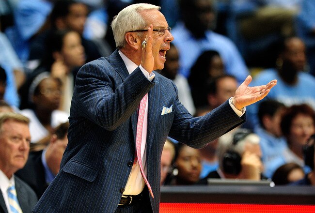 CHAPEL HILL, NC - JANUARY 07:  Coach Roy Williams of the North Carolina Tar Heels shouts instructions to his team against the Boston College Eagles during play at the Dean Smith Center on January 7, 2012 in Chapel Hill, North Carolina.  (Photo by Grant Halverson/Getty Images)