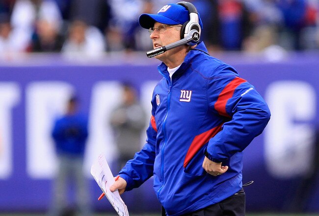 EAST RUTHERFORD, NJ - JANUARY 08:  Head coach Tom Coughlin of the New York Giants looks on in the first half against the Atlanta Falcons
 during their NFC Wild Card Playoff game at MetLife Stadium on January 8, 2012 in East Rutherford, New Jersey.  (Photo by Chris Trotman/Getty Images)