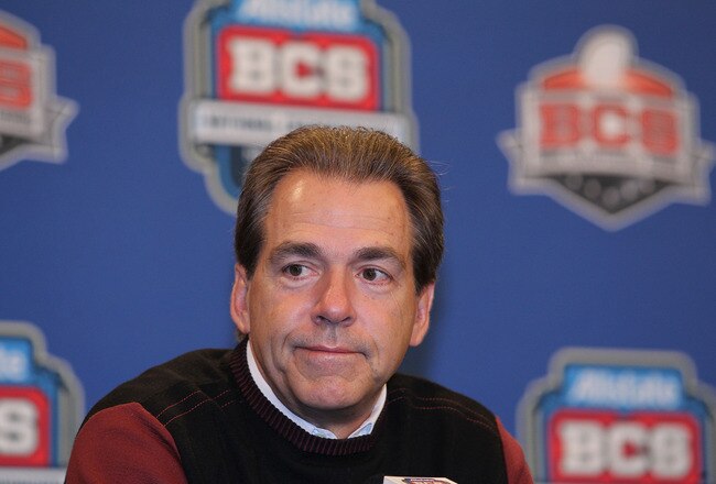 NEW ORLEANS, LA - JANUARY 10:  Head coach Nick Saban of the Alabama Crimson Tide talks to the media during a press conference following the win over Louisiana State University Tigers in the 2012 Allstate BCS National Championship Game on January 10, 2012 in New Orleans, Louisiana.  (Photo by Andy Lyons/Getty Images)