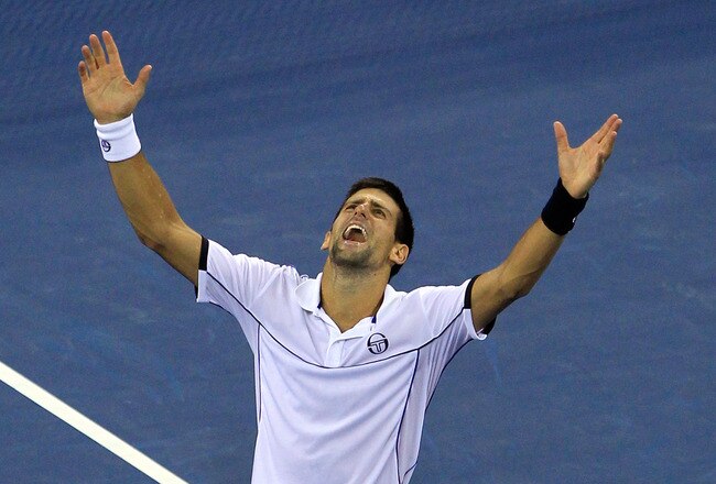 NEW YORK, NY - SEPTEMBER 12:  Novak Djokovic of Serbia reacts after he won match point against Rafael Nadal of Spain during the Men's Final on Day Fifteen of the 2011 US Open at the USTA Billie Jean King National Tennis Center on September 12, 2011 in the Flushing neighborhood of the Queens borough of New York City.  (Photo by Chris Trotman/Getty Images)