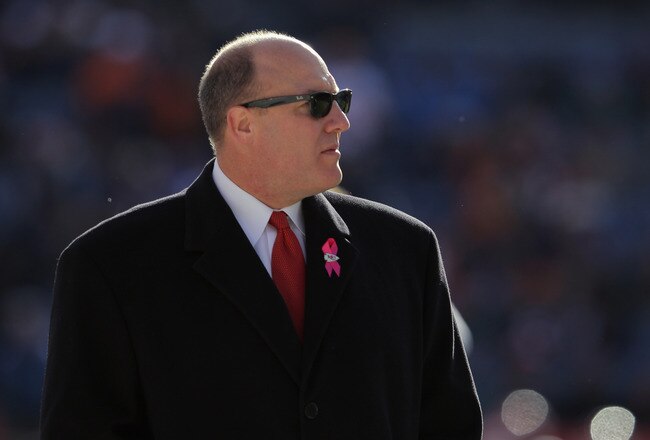 DENVER, CO - JANUARY 01:  Kansas City Chiefs General Manager Scott Pioli looks on from the sidelines as the Chiefs prepare to face the Denver Broncos at Sports Authority Field at Mile High on January 1, 2012 in Denver, Colorado.  (Photo by Doug Pensinger/Getty Images)