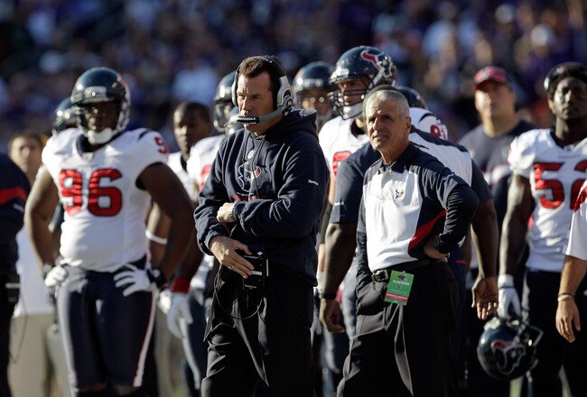 BALTIMORE, MD - OCTOBER 16: Head coach Gary Kubiak of the Houston Texans looks on from the sidelines during the first half against the Baltimore Ravens at M&T Bank Stadium on October 16, 2011 in Baltimore, Maryland. The Ravens won 29-14.  (Photo by Rob Carr/Getty Images)
