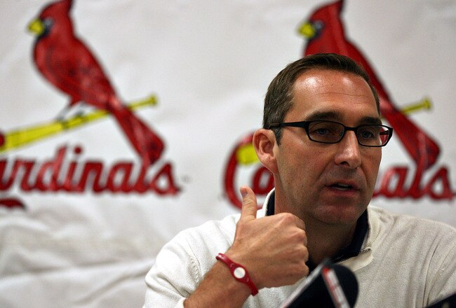 JUPITER, FL - FEBRUARY 16:  General Manager John Mozeliak of the St. Louis Cardinals speaks at a press conference at Roger Dean Stadium on February 16, 2011 in Jupiter, Florida.  (Photo by Marc Serota/Getty Images)