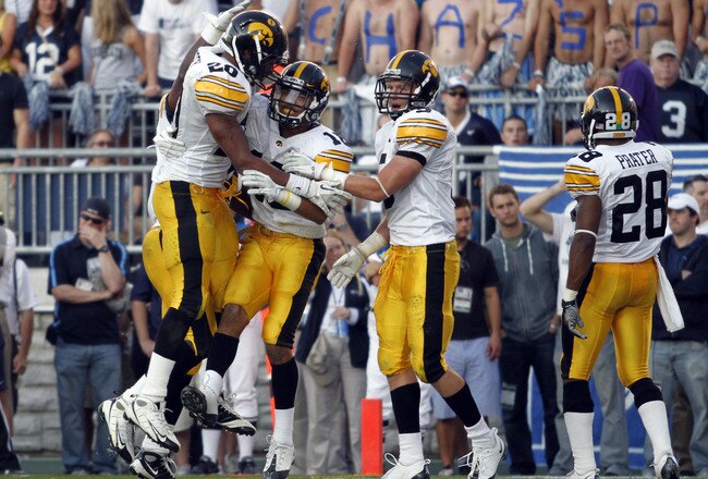 STATE COLLEGE, PA - OCTOBER 8:  Micah Hyde #18 of the Iowa Hawkeyes  celebrats his second half interception against the Penn State Nittany Lions during the game on October 8, 2011 at Beaver Stadium in State College, Pennsylvania.  The Lions defeated the Hawkeyes 13-3.  (Photo by Justin K. Aller/Getty Images)