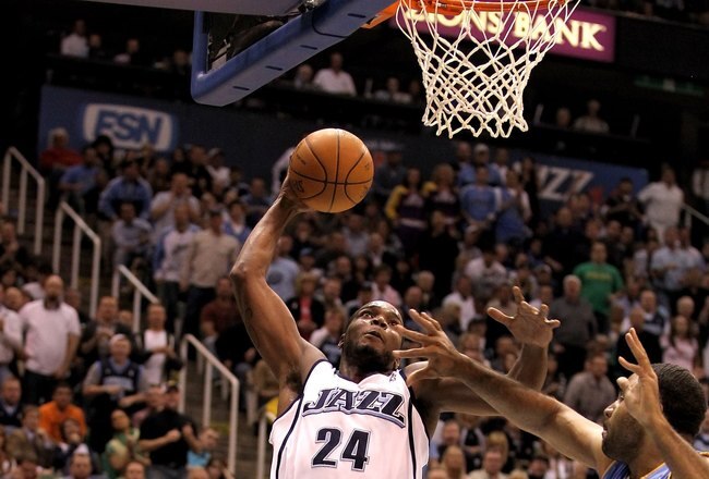SALT LAKE CITY - APRIL 30:  Paul Millsap #24 of the Utah Jazz in action against the Denver Nuggets in Game Six of the Western Conference Quarterfinals of the 2010 NBA Playoffs at EnergySolutions Arena on April 30, 2010 in Salt Lake City, Utah. NOTE TO USER: User expressly acknowledges and agrees that, by downloading and or using this photograph, User is consenting to the terms and conditions of the Getty Images License Agreement.  (Photo by Ezra Shaw/Getty Images)