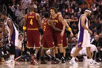PHOENIX, AZ - JANUARY 12:  Anderson Varejao #17 of the Cleveland Cavaliers celebrates with teammates after scoring against the Phoenix Suns during the final moments of the NBA game at US Airways Center on January 12, 2012 in Phoenix, Arizona. The Cavaliers defeated the Suns 101-90.  NOTE TO USER: User expressly acknowledges and agrees that, by downloading and or using this photograph, User is consenting to the terms and conditions of the Getty Images License Agreement.  (Photo by Christian Petersen/Getty Images)