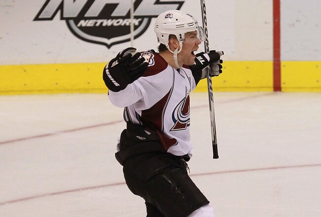 DALLAS, TX - JANUARY 14:  Paul Stastny #26 of the Colorado Avalanche celebrates a goal against the Dallas Stars at American Airlines Center on January 14, 2012 in Dallas, Texas.  (Photo by Ronald Martinez/Getty Images)