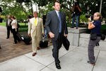 WASHINGTON, DC - SEPTEMBER 02:  Former all-star baseball pitcher Roger Clemens (C) and his attorney Rusty Hardin (L) arrive at the U.S. District Court for a hearing to decide whether the trial against the former Boston Red Sox and New York Yankees pitcher should be retried September 2, 2011 in Washington, DC.  The original trial against Clemens was declared a mistrial earlier this year after the judge said the prosecution presented inadmissible testimony that prejudiced the jury. A seven-time Cy Young Award winner, Clemens was on trial for making false statements, perjury and obstructing Congress when he testified about steroid use during a February 2008 inquiry by the House Oversight and Government Affairs.  (Photo by Chip Somodevilla/Getty Images)