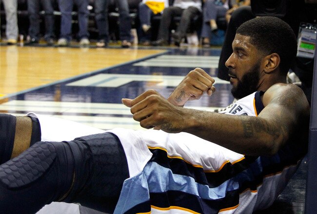 MEMPHIS, TN - MAY 13:  O.J. Mayo #32 of the Memphis Grizzlies reacts after making a basket and drawing a foul from the Oklahoma City Thunder in Game Six of the Western Conference Semifinals in the 2011 NBA Playoffs at FedExForum on May 13, 2011 in Memphis, Tennessee.  NOTE TO USER: User expressly acknowledges and agrees that, by downloading and/or using this photograph, User is consenting to the terms and conditions of the Getty Images License Agreement.  (Photo by Kevin C. Cox/Getty Images)