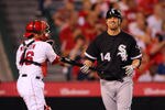ANAHEIM, CA - AUGUST 23:  Paul Konerko #14 of the Chicago White Sox reacts after striking out in the sixth inning against the Los Angeles Angels of Anaheim during the MLB game at Angel Stadium of Anaheim on August 23, 2011 in Anaheim, California.  (Photo by Victor Decolongon/Getty Images)