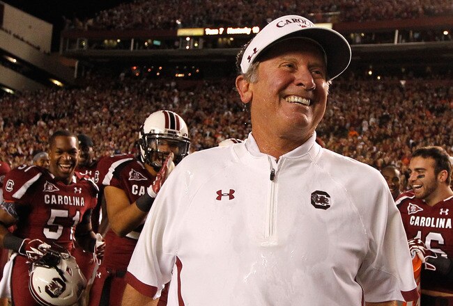 COLUMBIA, SC - NOVEMBER 26:  Head coach Steve Spurrier of the South Carolina Gamecocks celebrates after defeating the Clemson Tigers 34-13 at Williams-Brice Stadium on November 26, 2011 in Columbia, South Carolina.  (Photo by Streeter Lecka/Getty Images)
